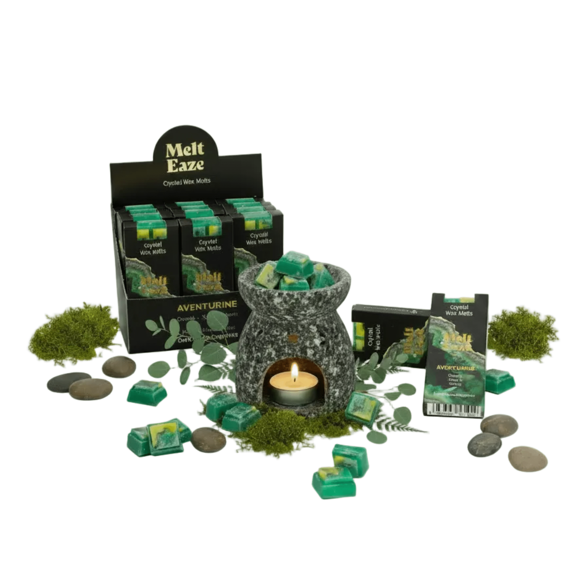 Melt Eaze wax melt set with an aroma burner and packaging on a white background