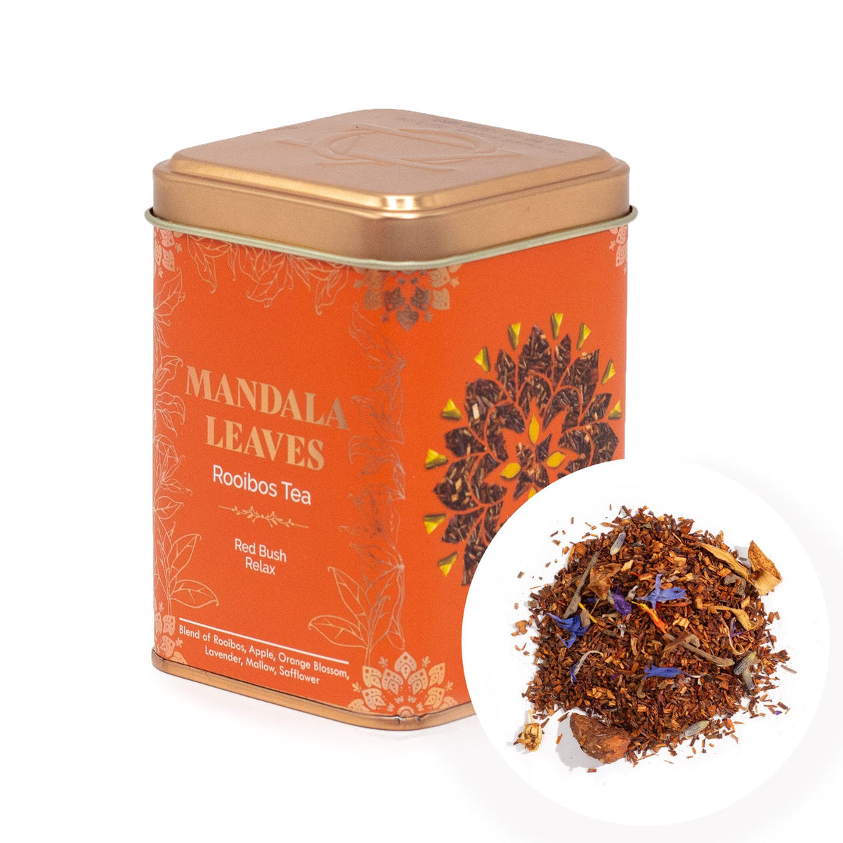 Orange tea canister labeled 'Mandala Leaves Rooibos Tea' with tea leaves displayed on a white background.
