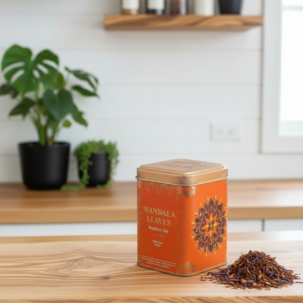 An orange metal tin of Mandala Leaves Rooibos Tea sits on a wooden table in a bright kitchen setting, with a small pile of loose tea leaves in front of the tin.