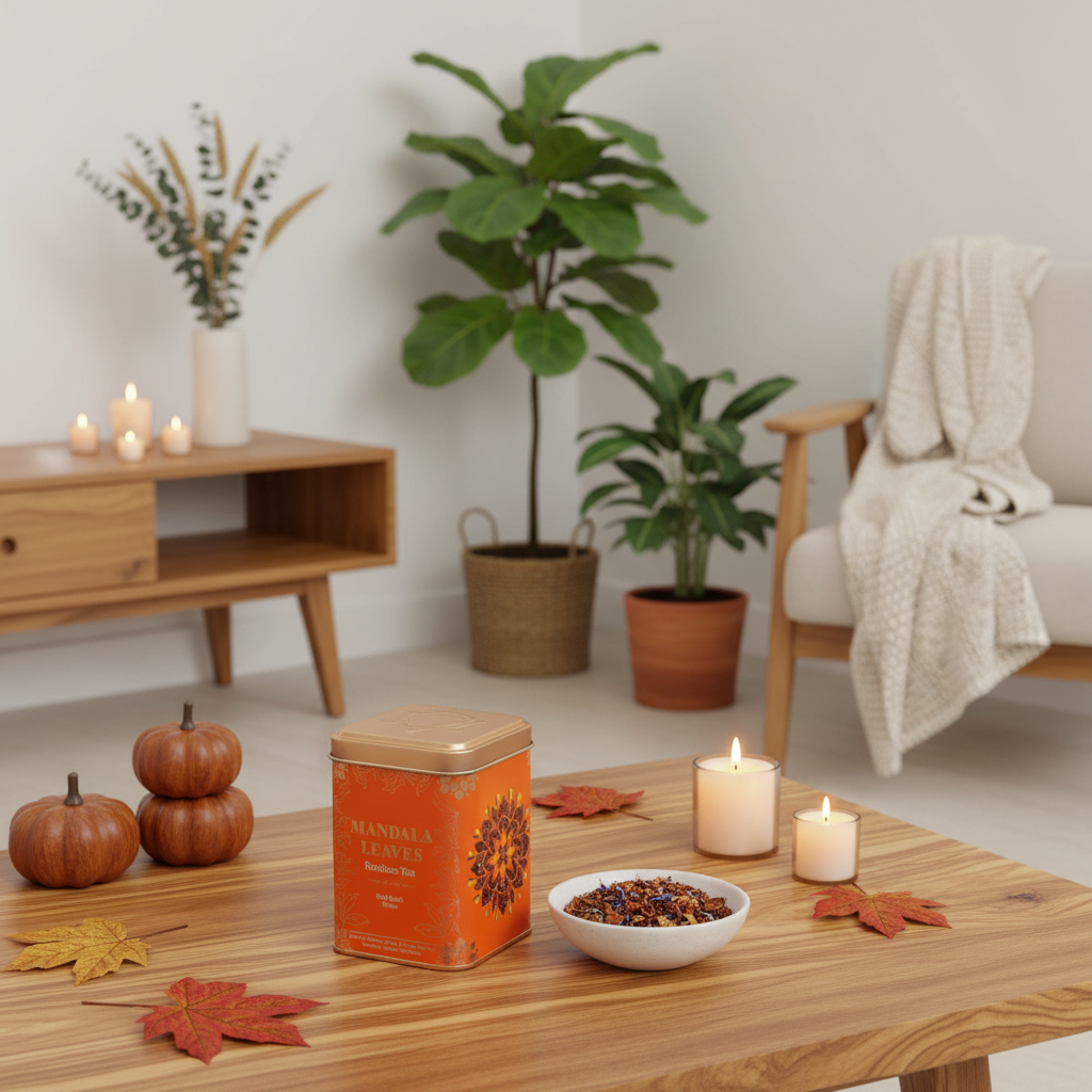An orange metal tin labeled 'MANDALA LEAVES' sits on a wooden table in a styled room with candles, fall leaves, small pumpkins, potted plants, and a chair.