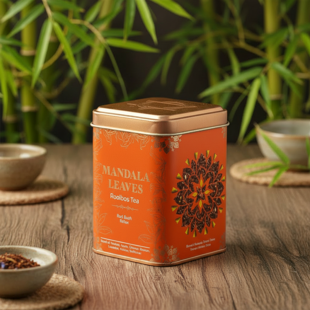 An orange metal tin of Mandala Leaves Rooibos Tea sits on a wooden table, surrounded by bamboo leaves, small teacups, and a bowl of loose tea leaves.