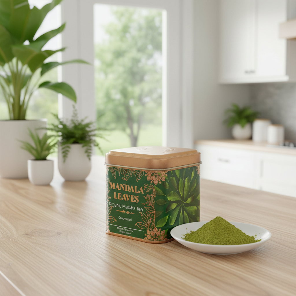 A square metal tin of Mandala Leaves Organic Matcha Tea sits on a light wood countertop in a bright kitchen setting, with a small white plate of green matcha powder in front of it.