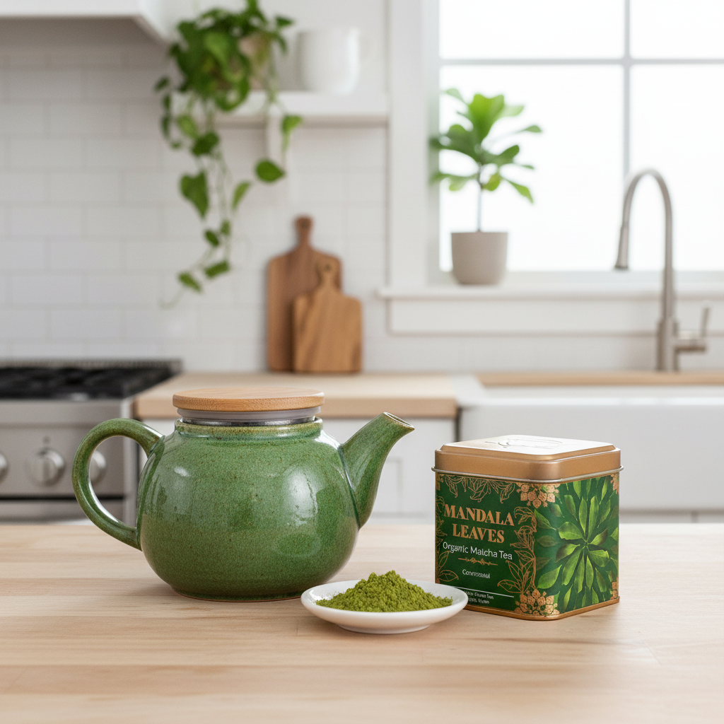 A green ceramic teapot with a bamboo lid sits on a light wood countertop next to a small dish of loose green tea leaves and a square tin labeled Mandala Leaves Organic Matcha Tea, with a blurred kitchen background.