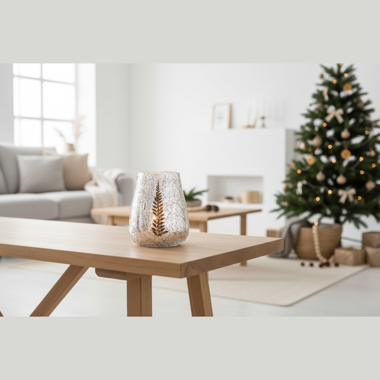 Decorative lantern on a coffee table with a Christmas tree in the background