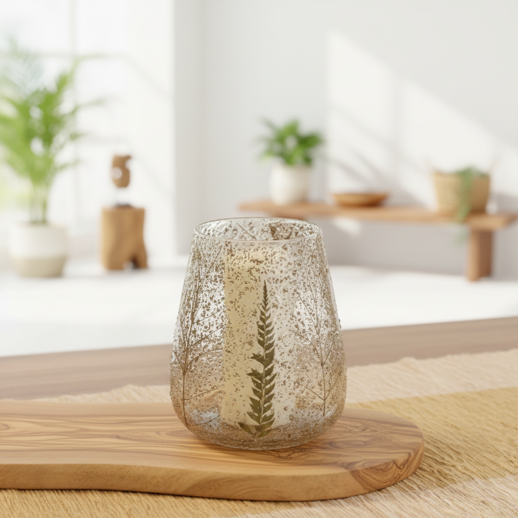 Decorative glass lantern with leaf design on a wooden surface in a bright room with plants.