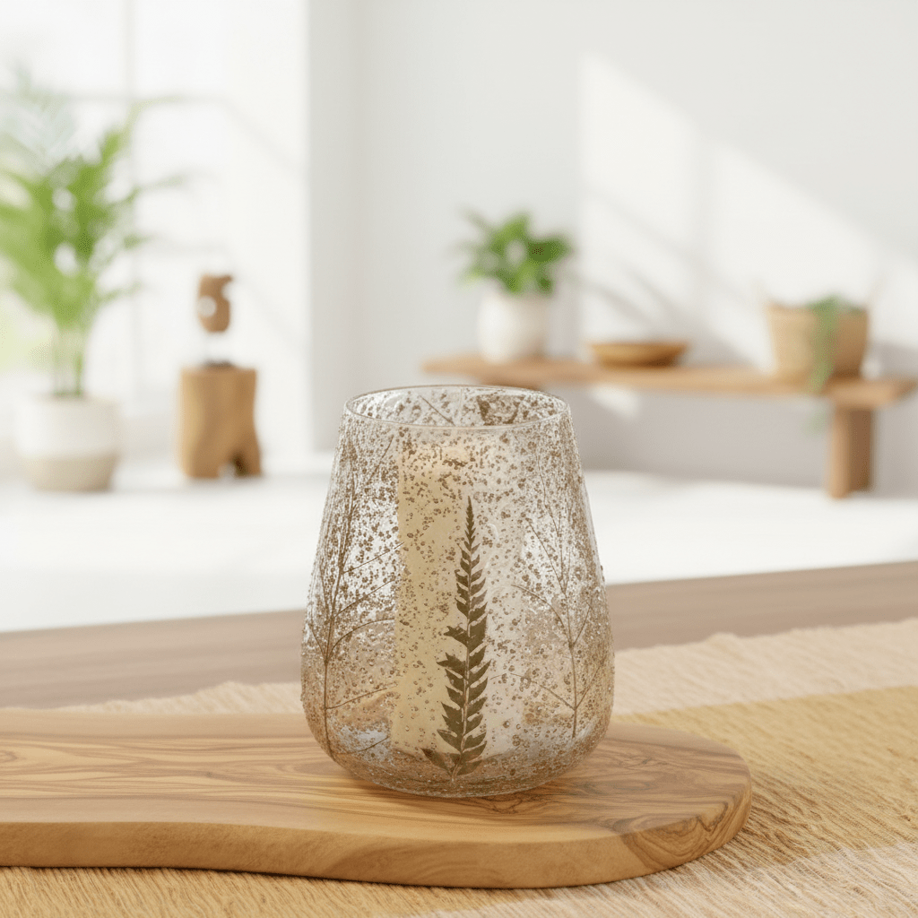 Decorative glass lantern with leaf design on a wooden surface in a bright room with plants.