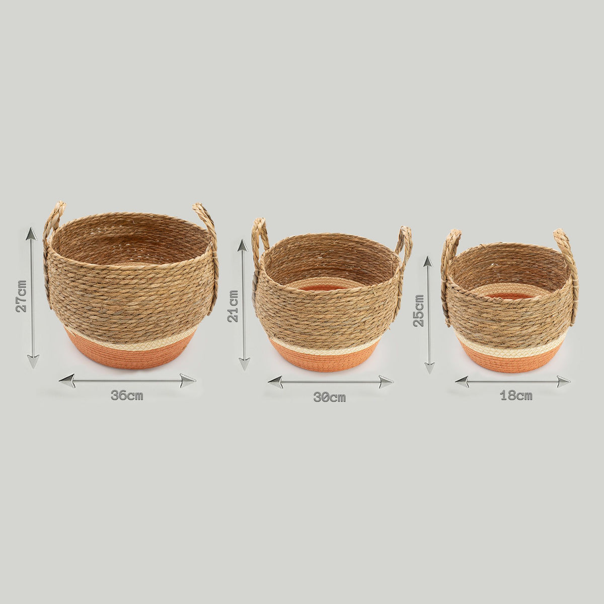 Supplier dimension diagram showing the three natural and orange woven baskets