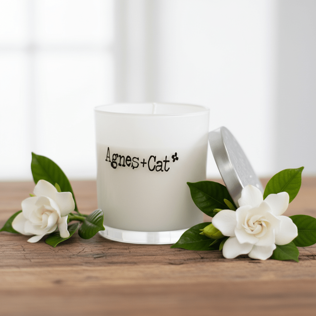 Candle with 'Agnes + Cat' branding on a wooden surface with flowers.