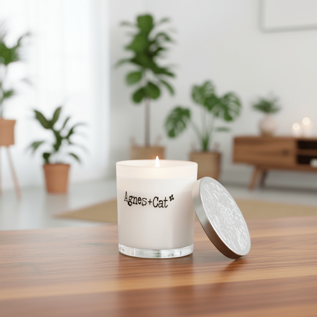 Candle with a visible brand name on a wooden table in a room with plants