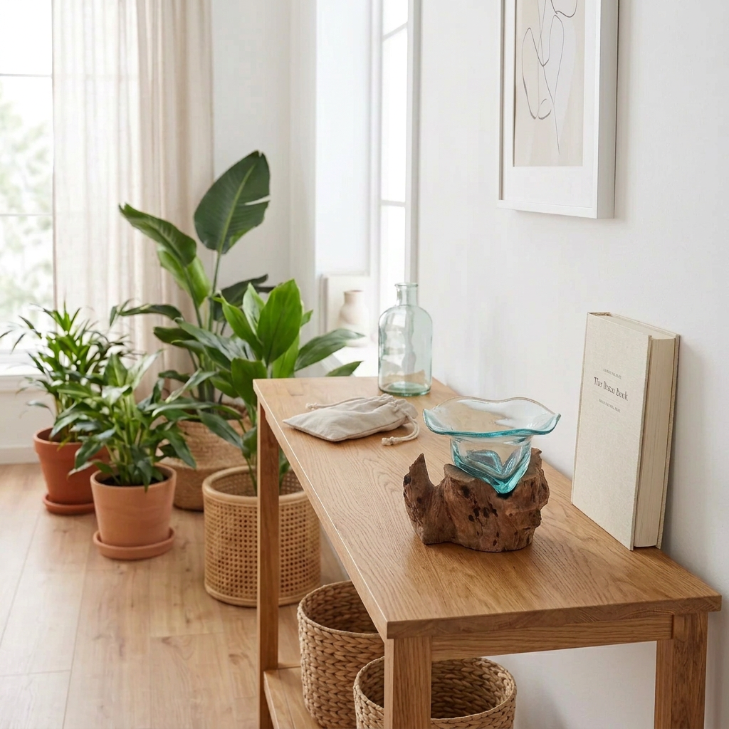 A wooden console table in a bright, modern room styled with potted plants, a glass vase, a bowl on driftwood, and a book.