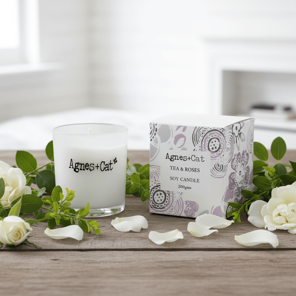 Candle and packaging with 'Agnes + Cat' branding on a wooden surface with flowers.