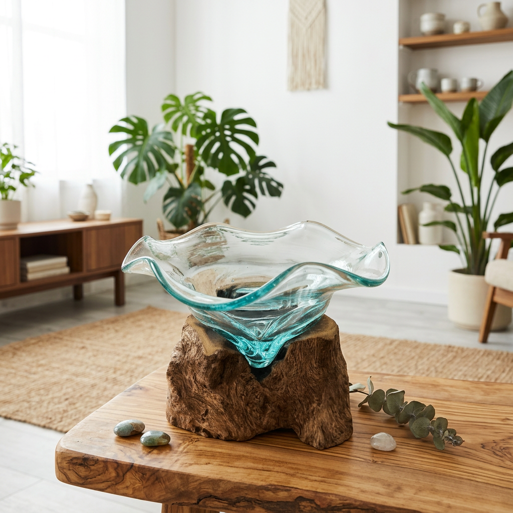 Flared glass bowl with green-tinted edges on a wooden base, styled on a wooden table with stones and foliage