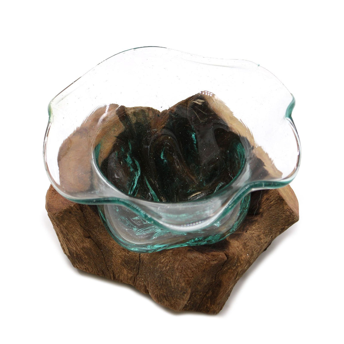 Overhead view showing the flowing rim and clear glass above a broad wooden base