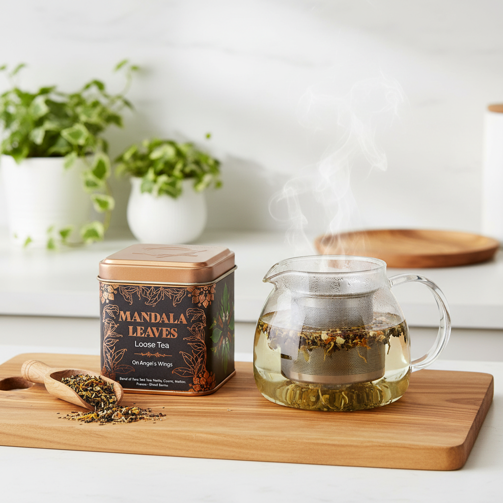 A glass teapot with loose-leaf tea steeping inside, set on a wooden board beside a branded tin of Mandala Leaves loose-leaf tea. Steam rises from the pot, with potted green plants blurred in the background.