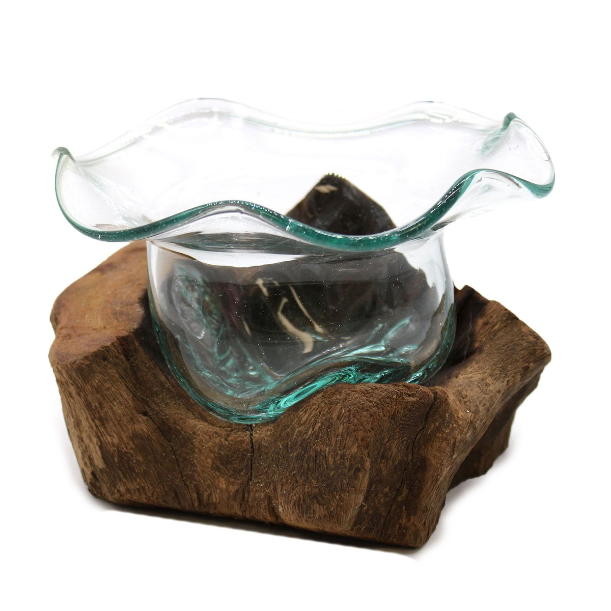 Clear glass bowl with a wavy green-edged rim fitted to a natural wooden base