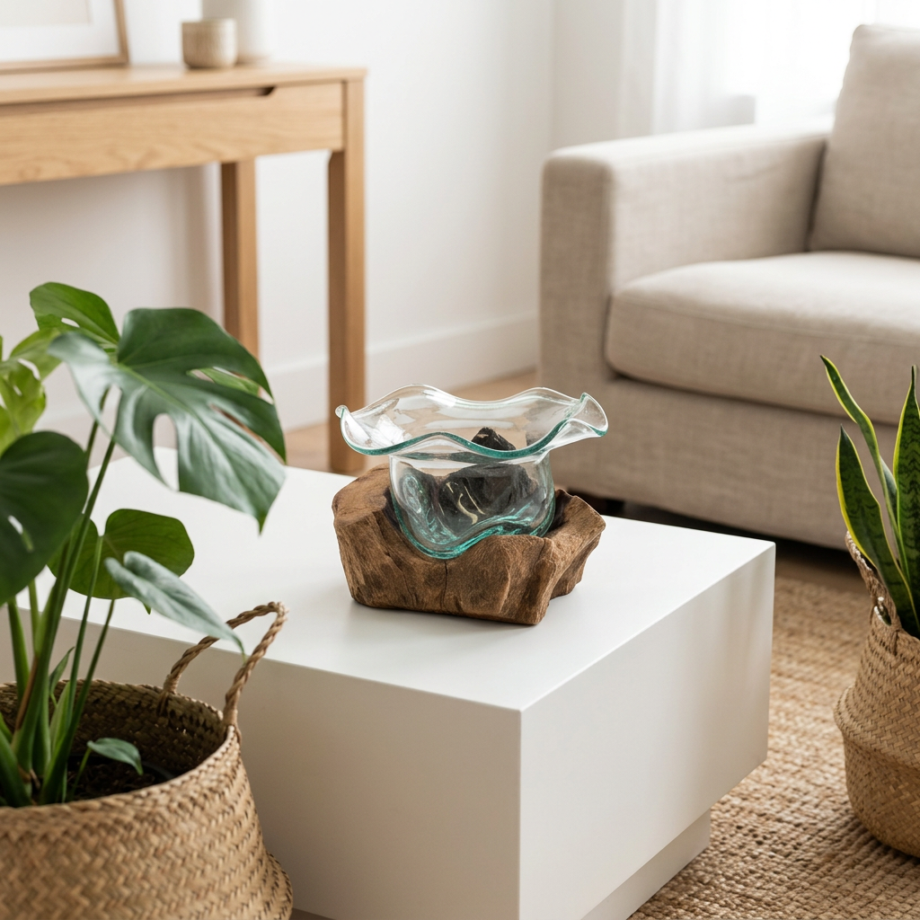 Wavy-rim glass bowl on a natural wood base, displayed on a white coffee table beside green plants