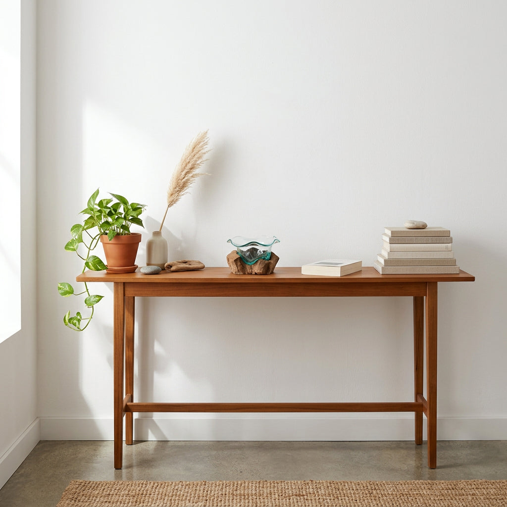 Wavy-rim glass bowl on a natural wood base, displayed on a wooden console beside books, a trailing plant and a vase of dried grass