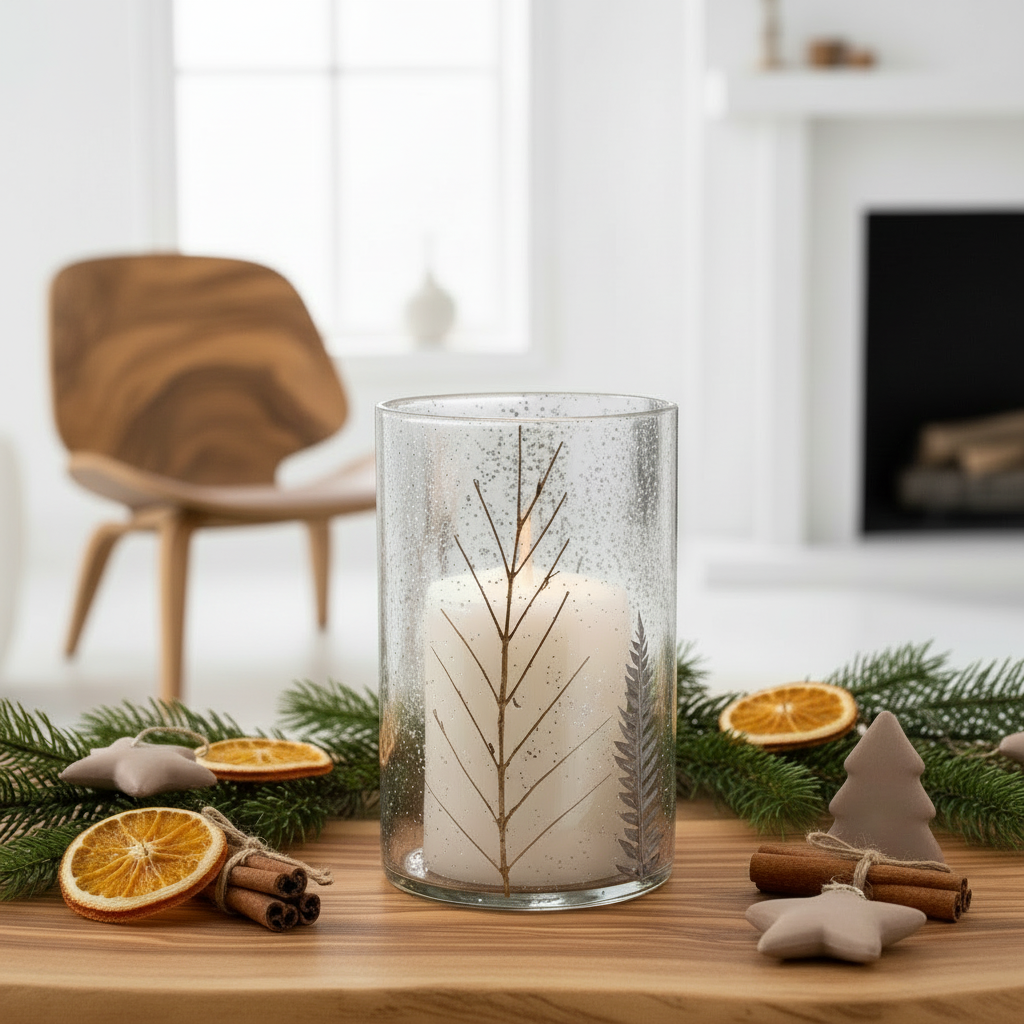 Decorative candle in a glass holder with Christmas elements on a wooden table.