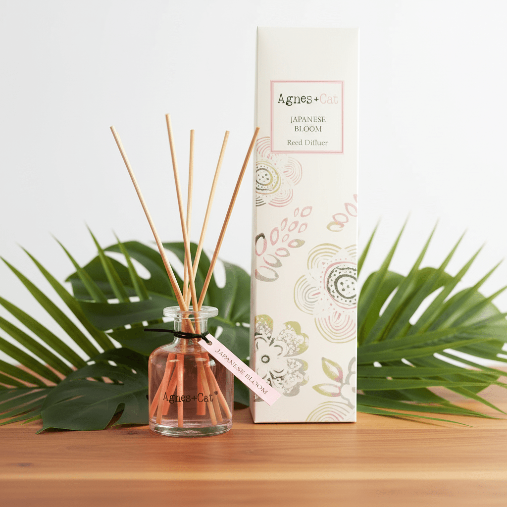 Agnes & Cat Japanese Bloom diffuser set with packaging on a wooden surface with green leaves in the background