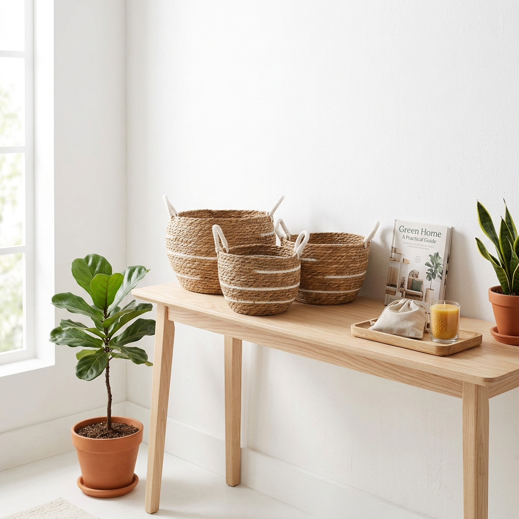 Three natural woven baskets with white stripes and loop handles displayed on a light wooden console beside a book, candle and potted plants