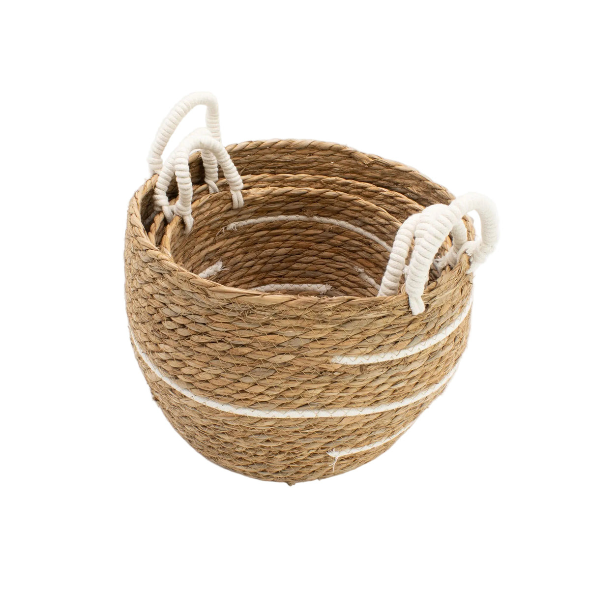 Three striped woven baskets nested together for compact storage