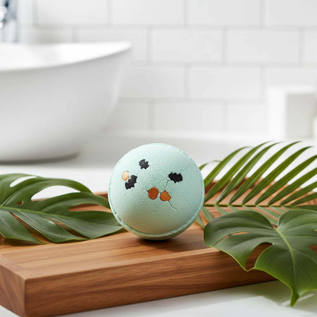 A round bath bomb with bats and pumpkins, resting on a wooden board with green tropical leaves. The background shows a blurred white subway tile wall and a white sink.