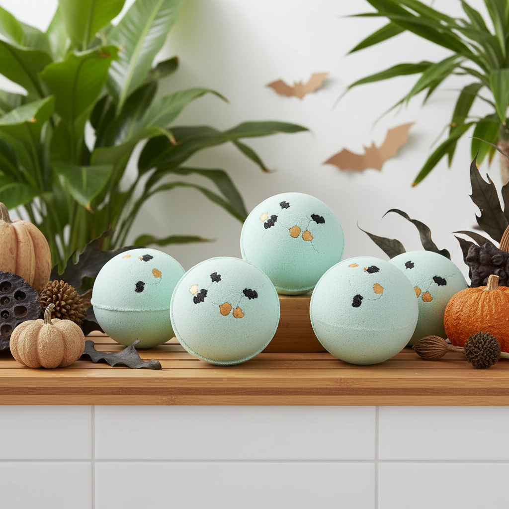 Five pale mint bath bombs decorated with bats and pumpkins, arranged on a wooden shelf surrounded by autumn decorations including pumpkins, pinecones, and dried leaves.