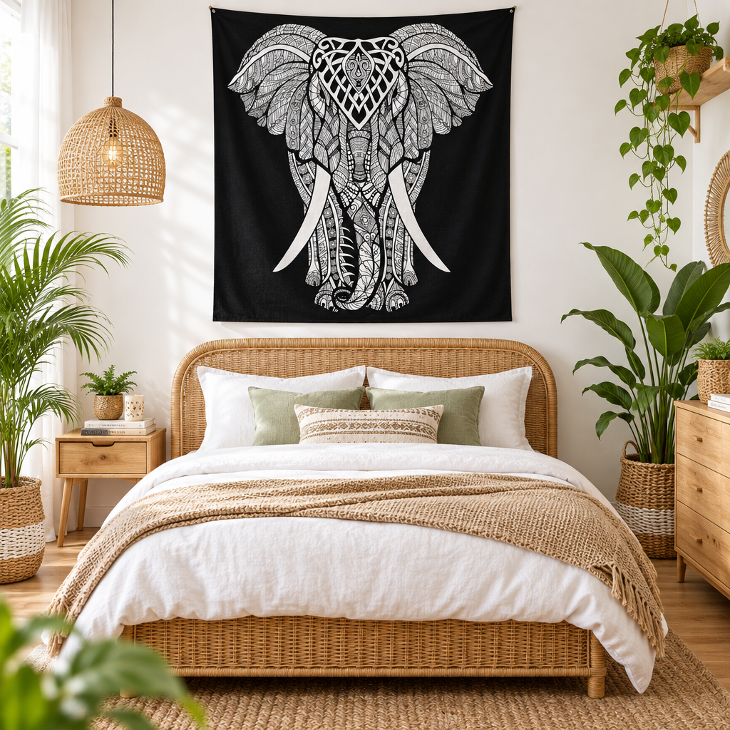 A large black cotton wall hanging featuring a detailed white mandala-style elephant head design, hanging above a wicker bed in a bright, modern boho bedroom with plants and wooden furniture.