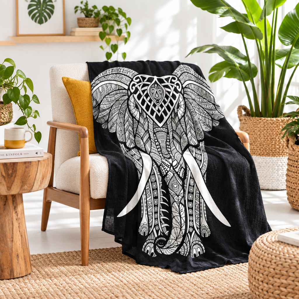 A black throw blanket draped over a cream upholstered armchair in a bright, plant-filled living room. The blanket features a large white mandala-style elephant design with detailed patterns and curved tusks.
