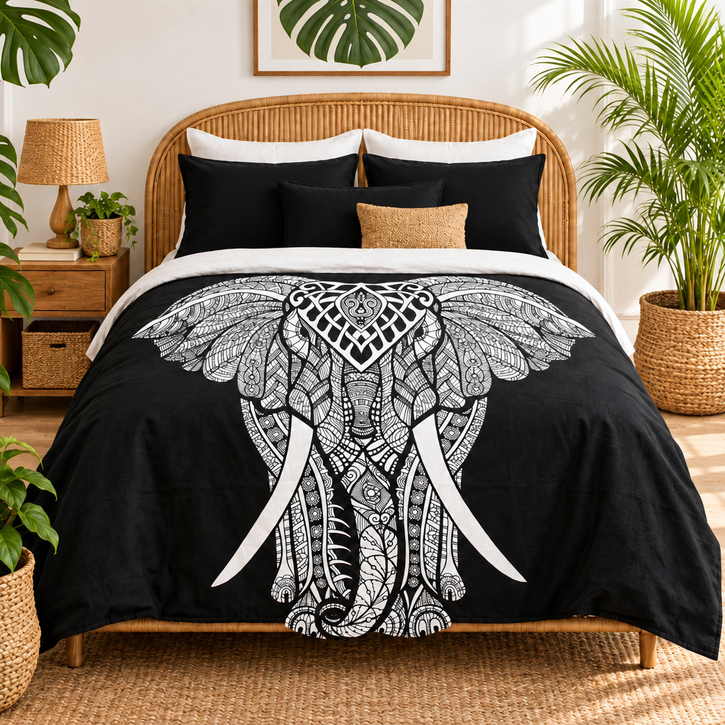 A bed dressed in a black cotton throw with a large white mandala-style elephant print, styled in a bright bedroom with plants, a rattan headboard, and matching side tables.