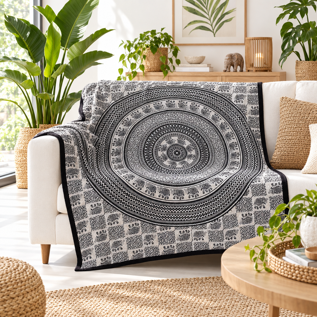 Double Cotton Bedspread + Wall Hanging - Mono - Elephant Mandala
