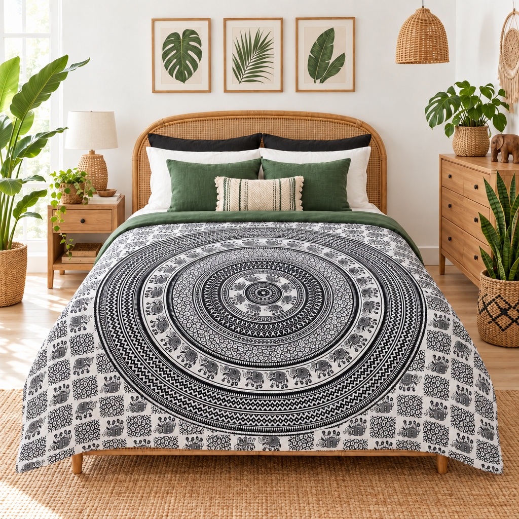 Double Cotton Bedspread + Wall Hanging - Mono - Elephant Mandala