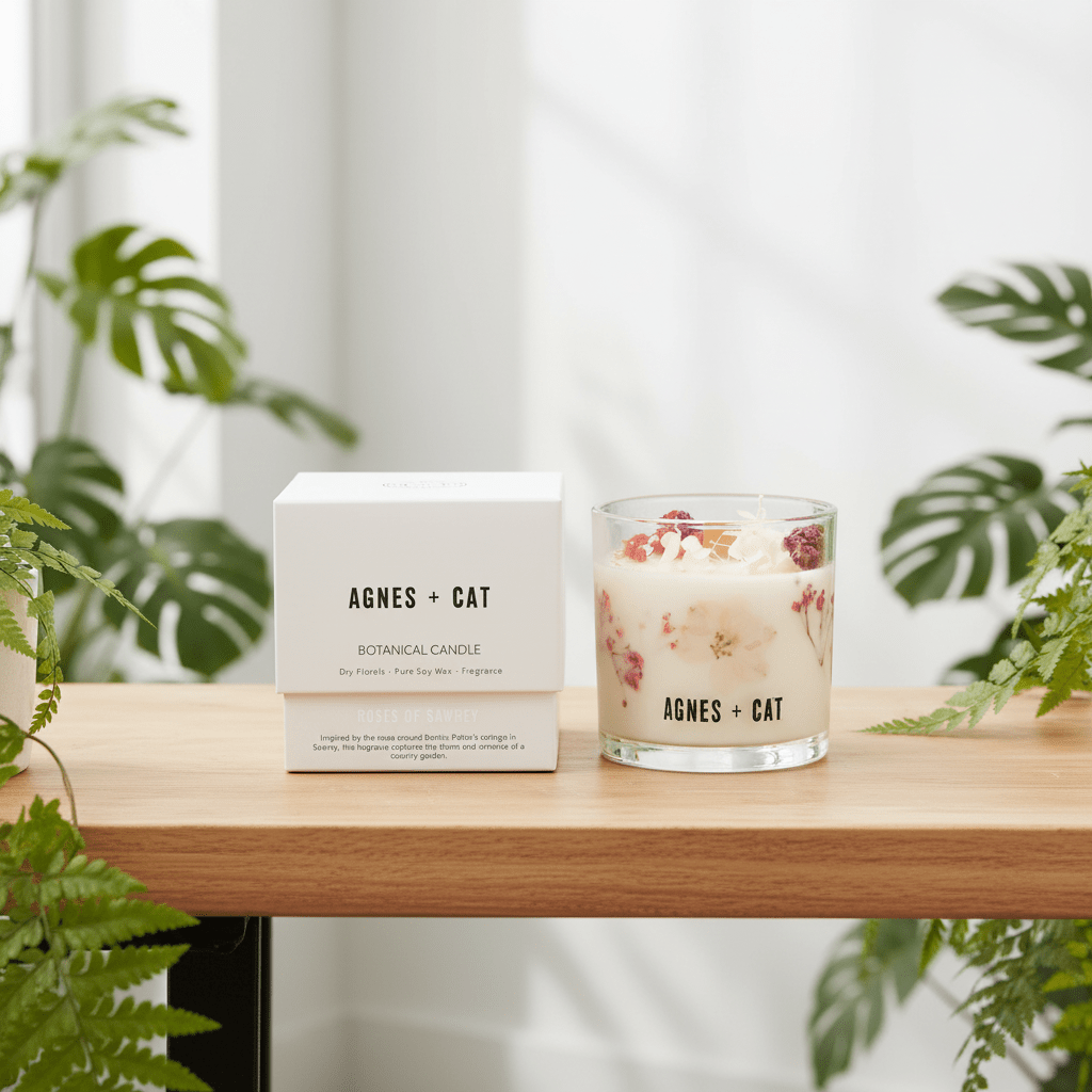 Candle and packaging with 'AGNES + CAT' branding on a wooden surface with plants in the background