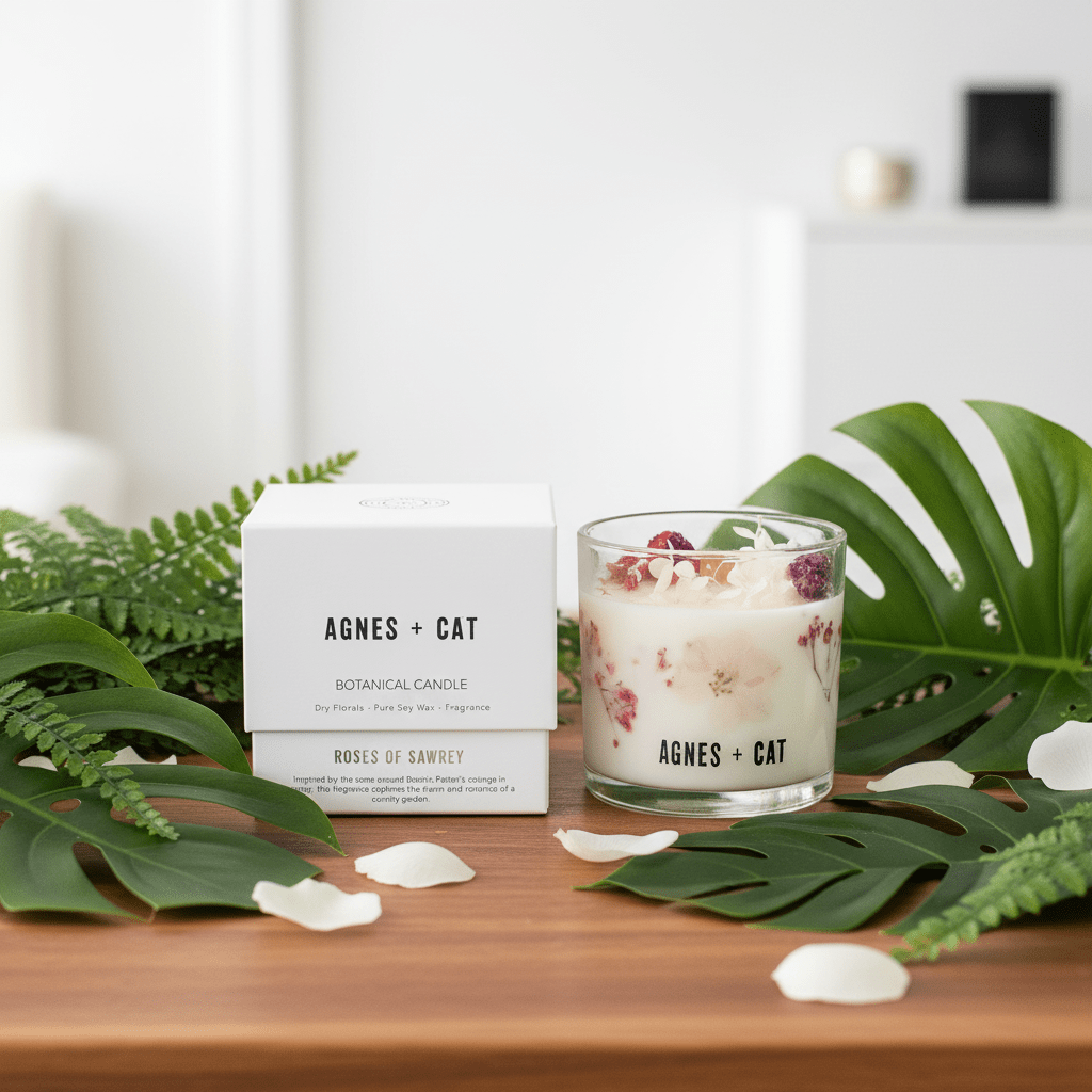 Candle and gift box with floral decorations on a wooden surface