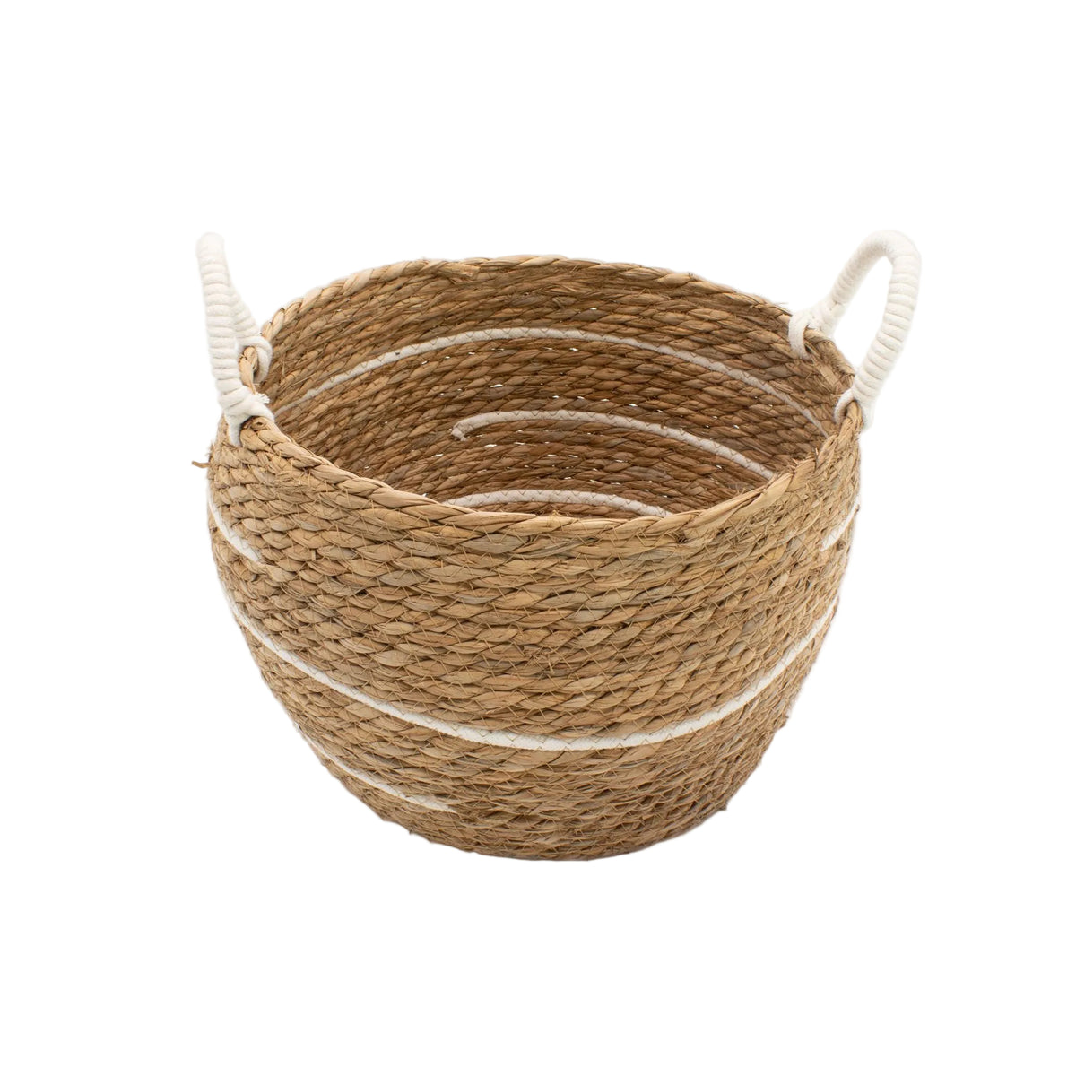 Large natural woven basket showing its open interior and white wrapped handles