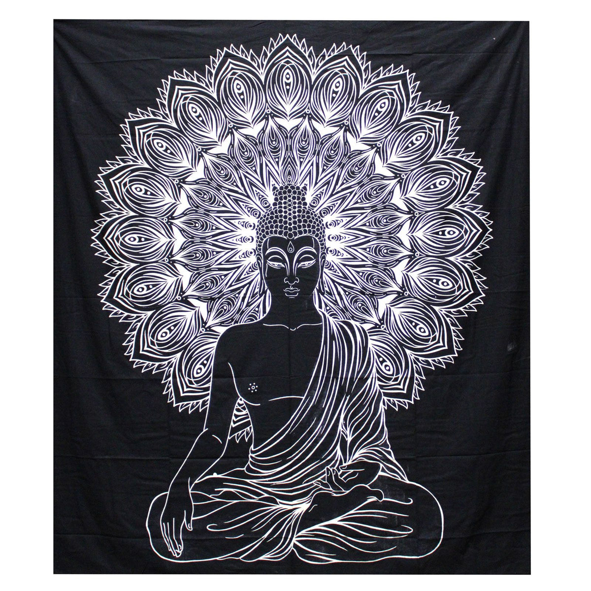 A thin cotton wall hanging in Black with a white mandala and Buddha design on a black background