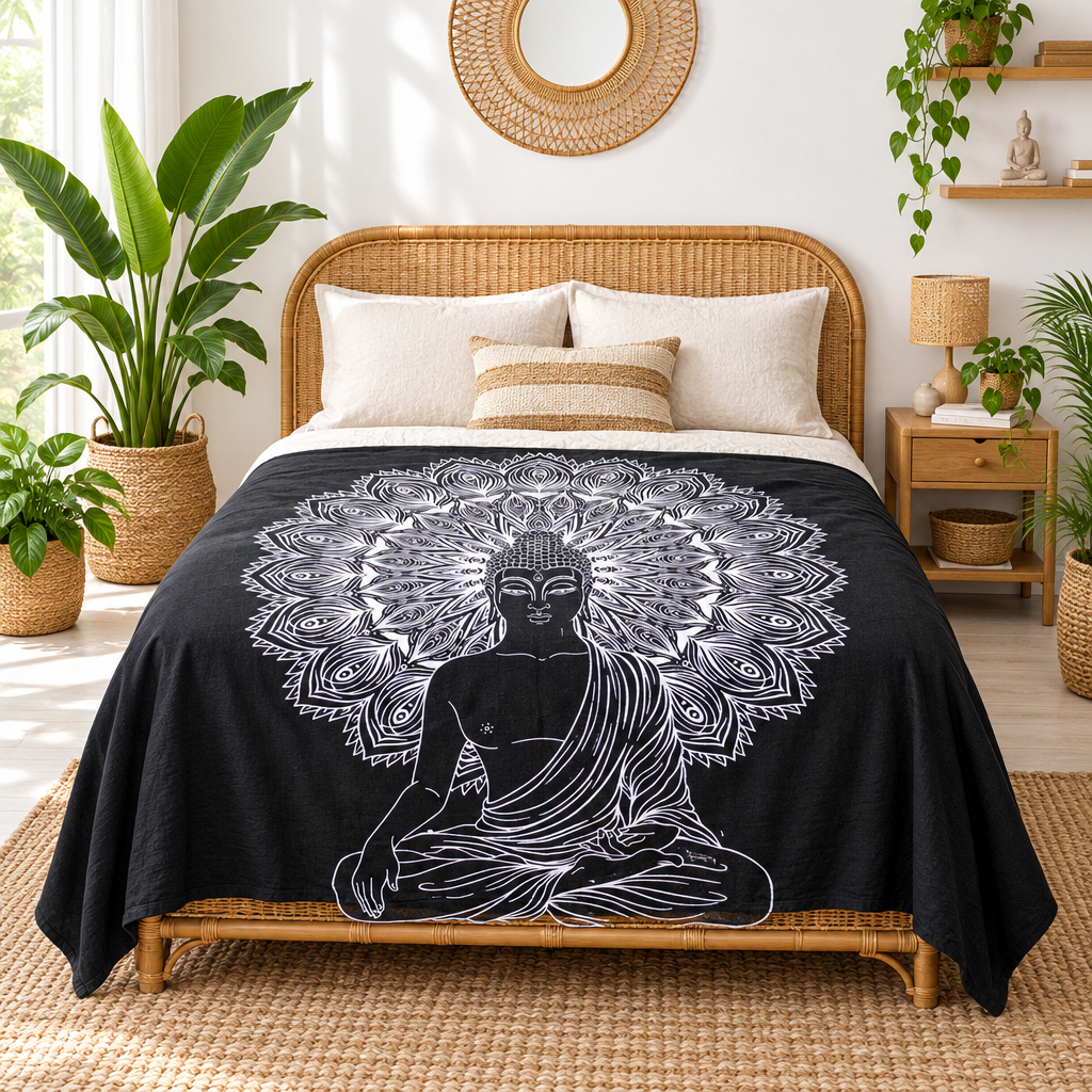 Black-and-white Buddha design on a cotton bedspread.