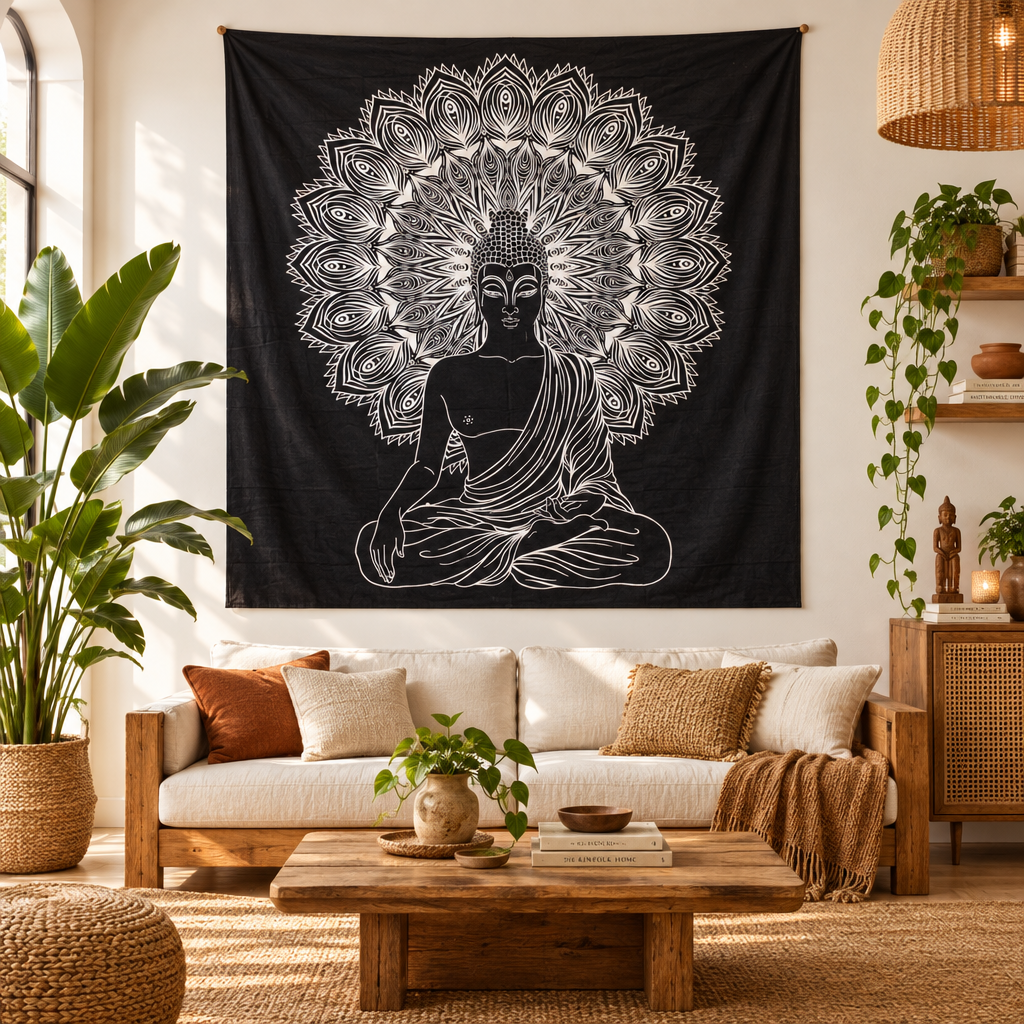 White Buddha print on a black cotton wall hanging.