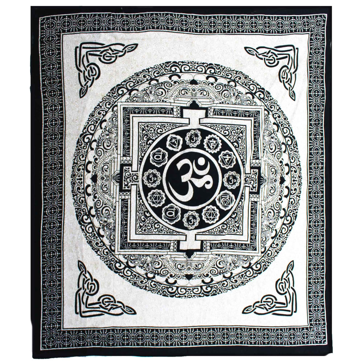 Decorative black and white thin cotton wall hamging/bedspread with Om symbol and intricate patterns