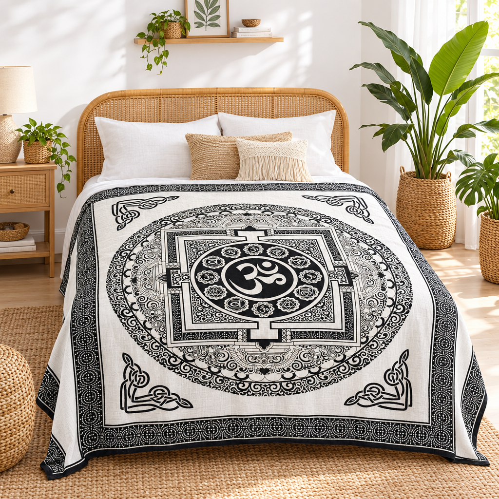 A white cotton bedspread with a large black mandala and Om symbol print, styled on a bed in a bright, modern boho bedroom with a rattan headboard, plants, and wooden furniture.