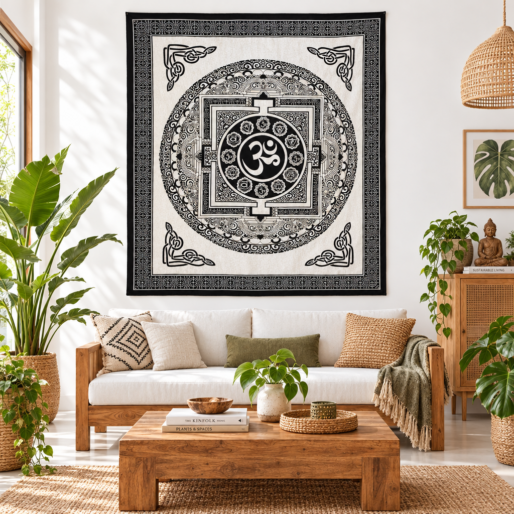 A large black and white mandala wall hanging featuring an Om symbol in the centre, hanging on a white wall above a wooden sofa in a bright, modern living room with plants and a coffee table.