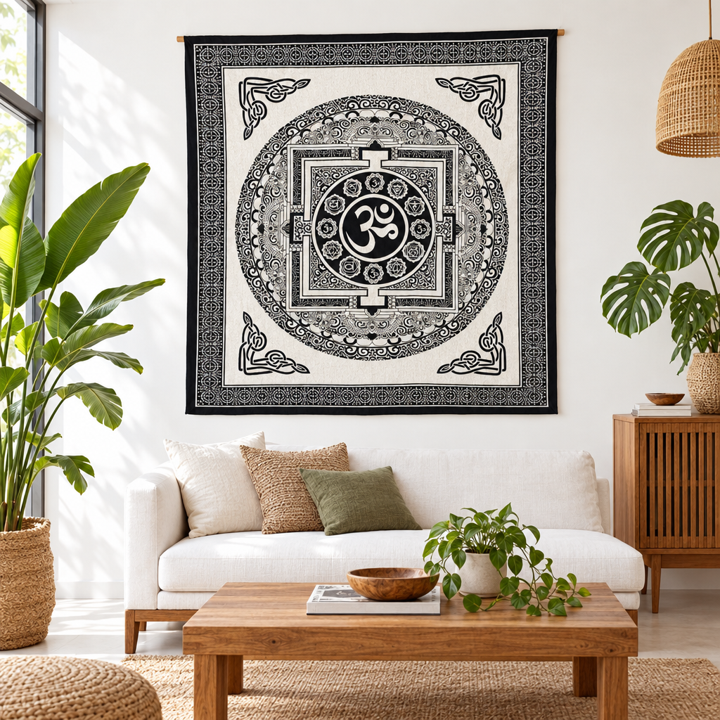 A large black-and-white cotton wall hanging featuring a central Om symbol and intricate mandala-style patterns, hanging on a wooden rod above a white sofa in a bright, modern living room with potted plants.