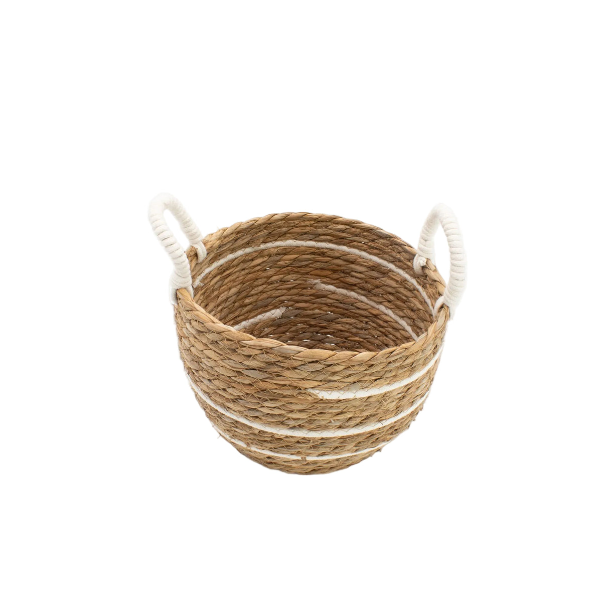 Small natural woven basket with white stripes and two loop handles
