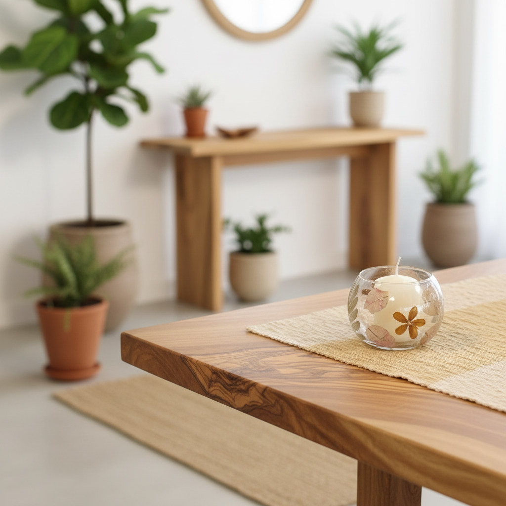 Wooden table with a pressed flower glass candle holder and a placemat in a room with plants and a mirror.