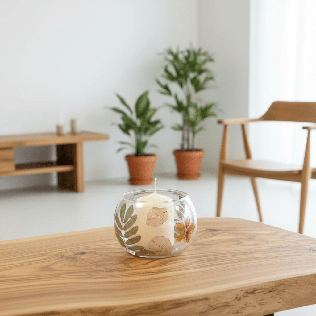 Decorative candle in a glass holder on a wooden table with plants and furniture in the background.