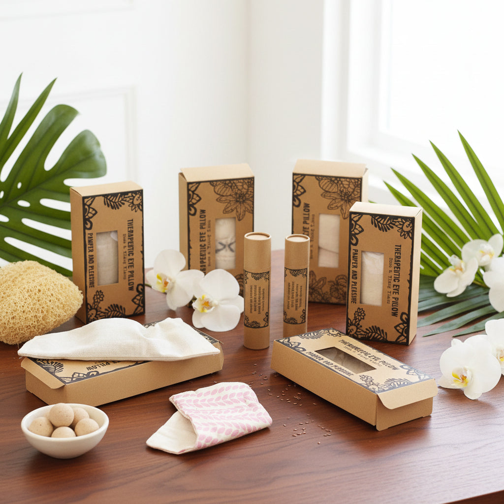 Eye pillows and Skincare products with natural packaging on a wooden surface with plants in the background