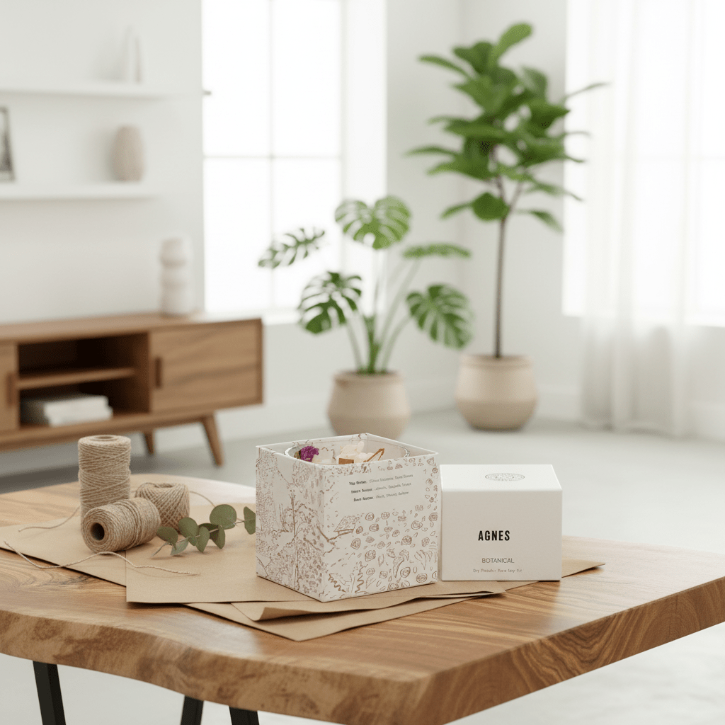 Wooden table with gift box and packaging materials in a bright room with plants