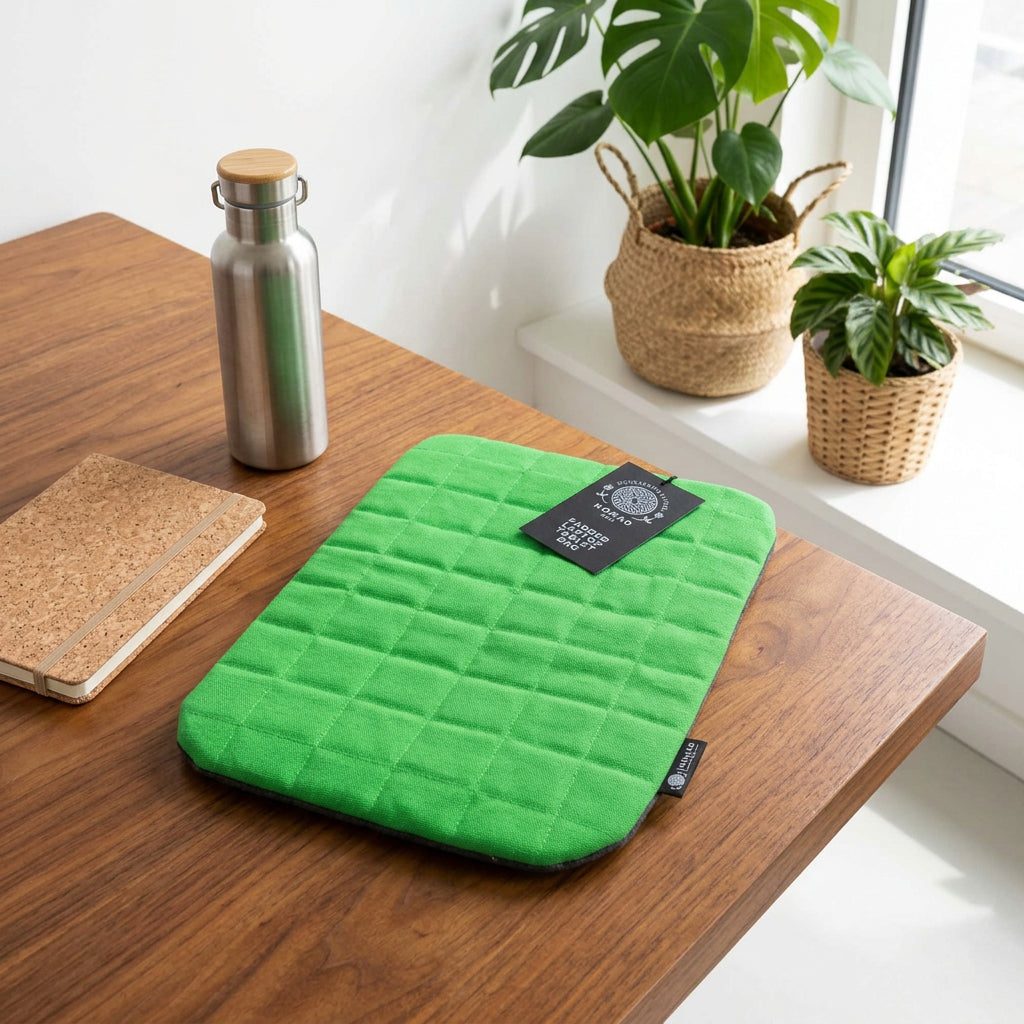 Frog Green quilted cotton pouch with Nomad Sari label on a wooden table beside a notebook and bottle