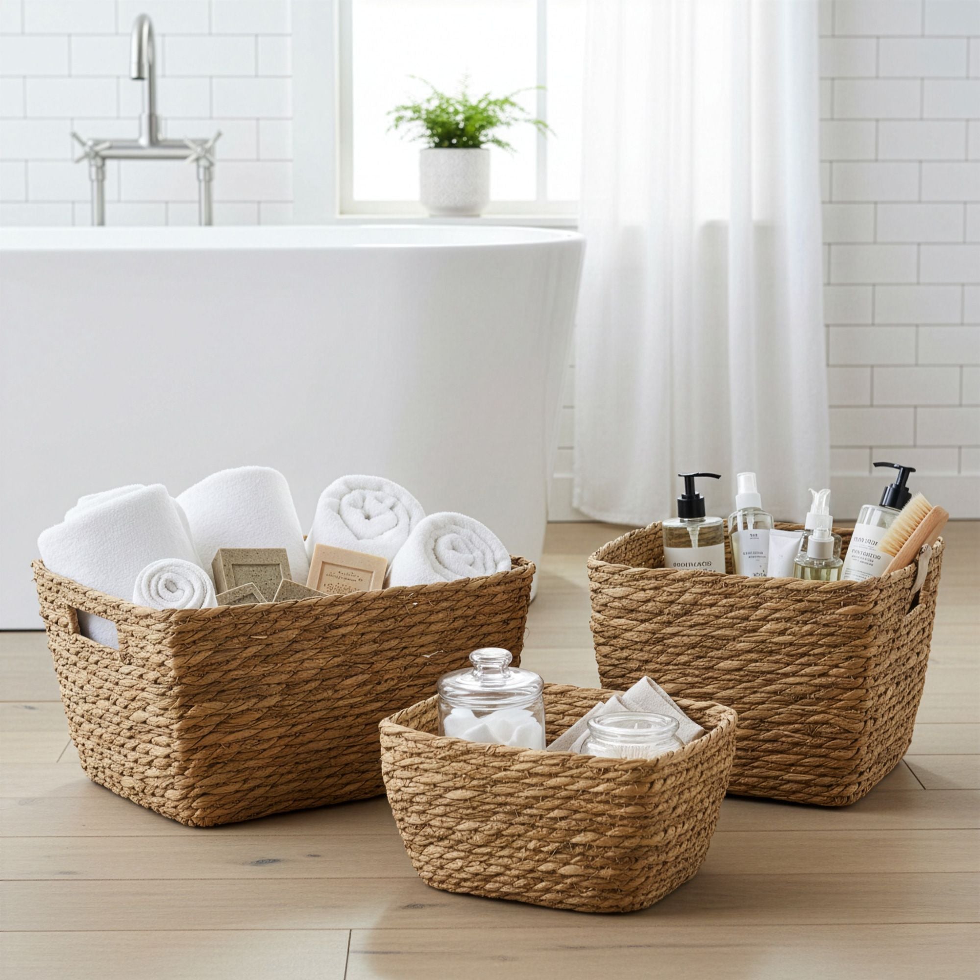 Three woven baskets containing towels and toiletries in a bathroom setting.