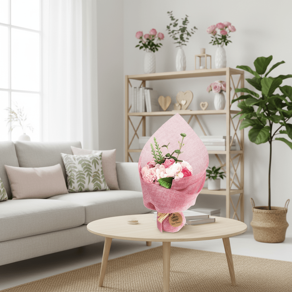 Floral arrangement in a pink decorative wrap on a coffee table in a living room.